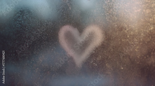 Close-up of a window with raindrops on it. the background is blurred, but it appears to be a cloudy sky. in the center of the image, there is a heart-shaped indentation in the center.