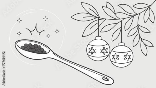 Spoonful of caviar with christmas ornaments hanging from a branch, creating a unique and festive holiday illustration on a light gray background