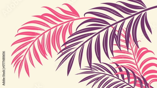 Elegant pink and purple palm leaves on a cream background, creating a sophisticated tropical pattern for design and decoration purposes