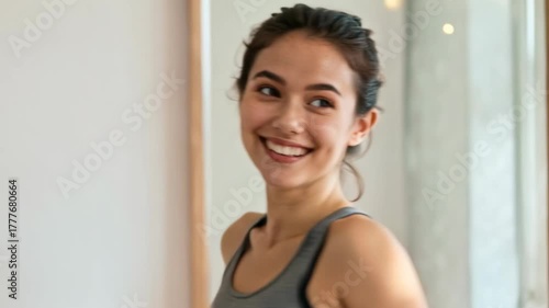 Beautiful happy woman smiling while looking at her mirror reflection, moment of pure confidence and self care