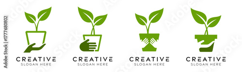 Set of giving plants logo design templates. Modern isolated hand care with plants design for eco-friendly, care and nature.