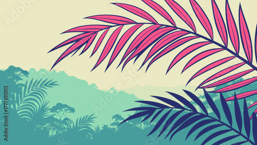 A lush jungle landscape with vibrant pink and purple palm leaves, creating a serene and exotic background for nature lovers and tropical enthusiasts