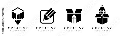 Set of pencil box logo design templates. Modern isolated box with pencil design for education, design, and stationery.