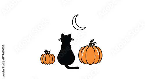 Black cat silhouette sits between two pumpkins beneath a crescent moon on white background at night