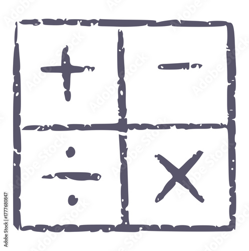 Crayon style doodle drawing of four basic arithmetic symbols plus, minus, divide, multiply in gray squares. Educational element perfect for math, calculations, or school graphic designs.