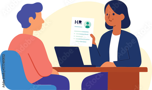 Confident candidate interviews for dream job with HR professional reviewing resume in modern office setting, inspiring career growth. 