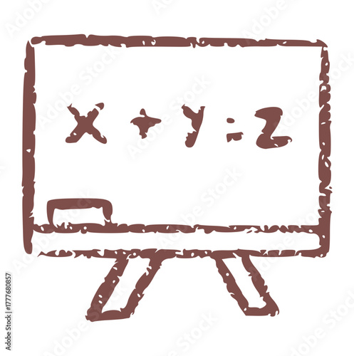 Crayon style doodle drawing of a single brown classroom whiteboard on a stand with a simple math equation, X+Y=Z. Educational element perfect for school, algebra, or academic graphic designs.