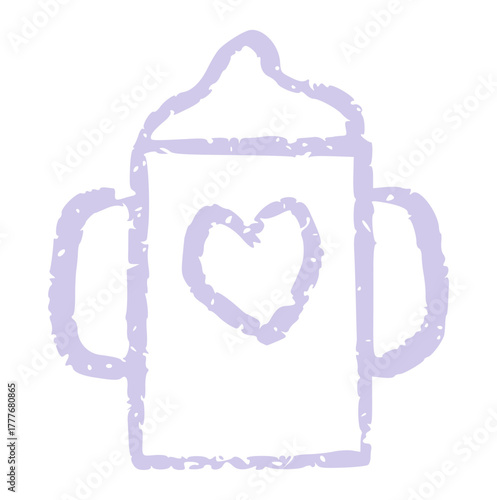Crayon style doodle drawing of a single purple baby sippy cup with handles and a heart on the front. Childcare element perfect for baby shower invitations, nursery themes, or maternal designs.