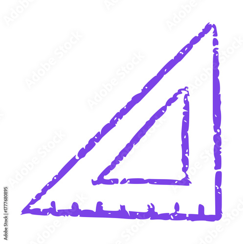 Crayon style doodle drawing of a single purple set square ruler with measurement marks in a geometry and drawing theme. School supply element perfect for education, math, or design projects.