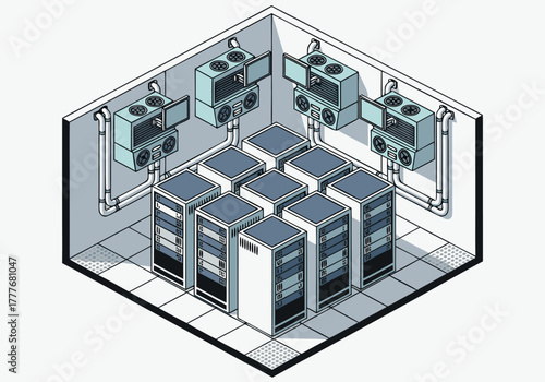 Isometric view of a server room with air conditioning units and multiple computer servers