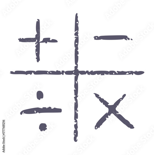 hand drawn crayon outline mathematical operation symbols +, -, ÷, x Rough texture doodle element perfect for education, math lesson, school icon, or algebra concept.