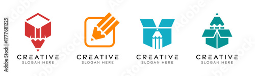 Set of pencil box logo design templates. Modern isolated box with pencil design for education, design, and stationery.