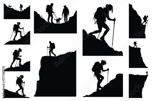 Silhouettes of hikers with backpacks and poles on rocky terrain