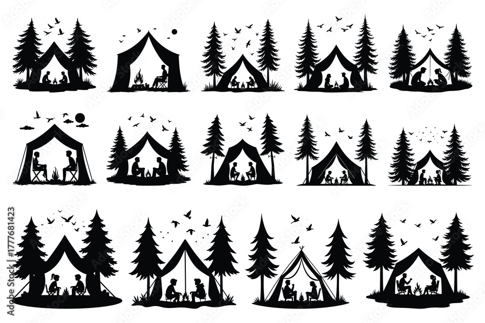 Obraz premium Black silhouettes of people camping in tents with trees and birds