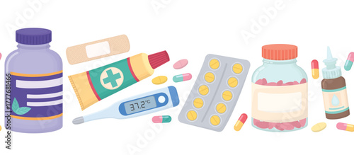 Seamless border with pharmaceutical products. Horizontal pattern with bright medical items