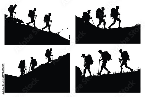 Silhouettes of hikers with backpacks and poles on hills