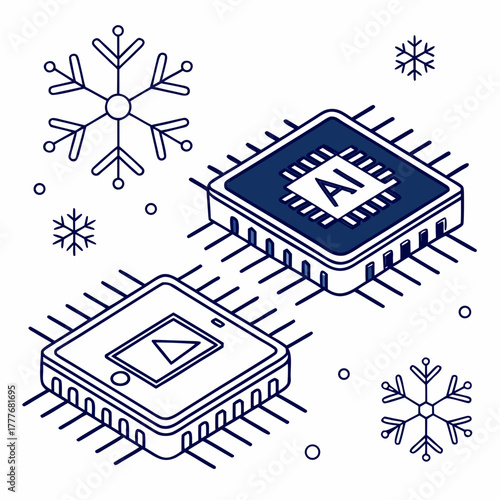 Two computer chips with snowflakes