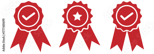 certified medal icon check mark symbol, premium quality icon sign - Approval badge ribbon icon tick mark symbol