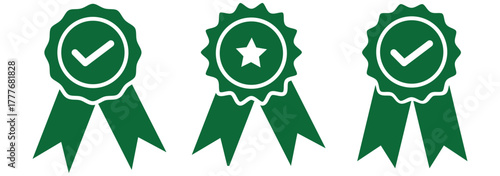 certified medal icon check mark symbol, premium quality icon sign - Approval badge ribbon icon tick mark symbol