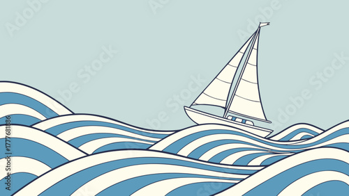 Illustration of a sailboat sailing on the sea with big waves, creating a dynamic and adventurous scene, perfect for nautical or travel themes