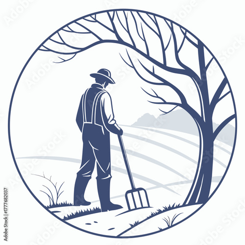 Farmer with pitchfork in field under tree