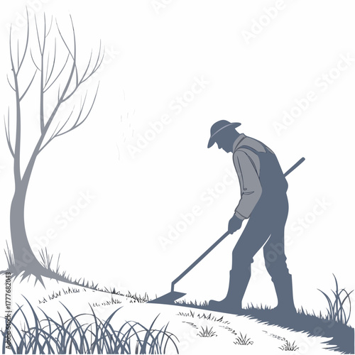 Silhouette of a farmer working the land with a hoe