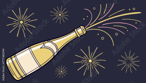 Joyful celebration with champagne bottle popping amidst vibrant fireworks, creating a festive atmosphere for special occasions and memorable events