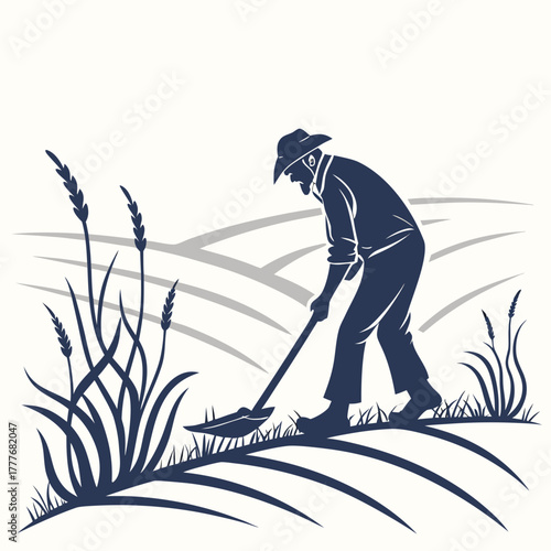 Silhouette of a farmer tilling the field with a hoe