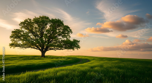 Oak Tree on a Field, Clouds at Sunset, Panoramic Scenic Landscape on a Green Field