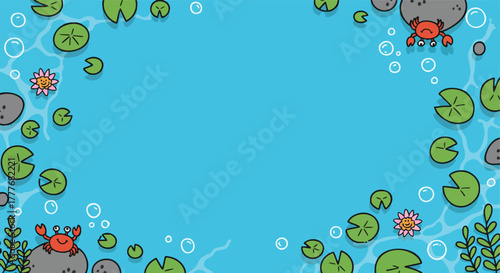Playful aquatic border design featuring cheerful crabs, floating lily pads, and sparkling bubbles in a vibrant blue water setting