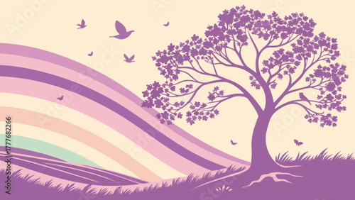 A serene landscape featuring a silhouette of a tree against a pastel rainbow and rolling hills, creating a peaceful and dreamy nature scene