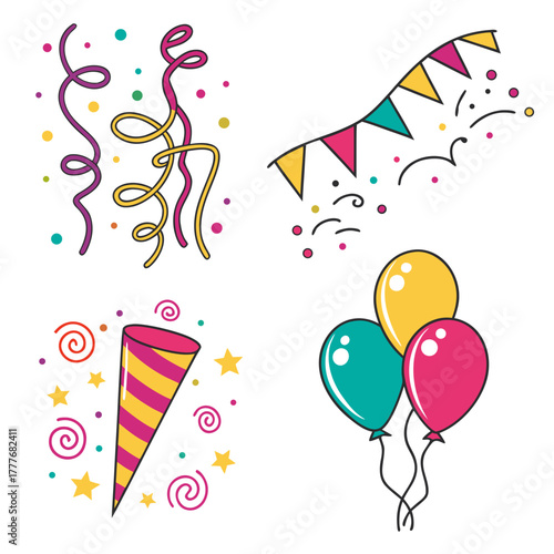 Festive party elements with balloons, confetti, and party popper
