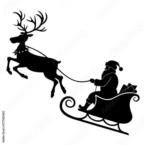 Silhouette of santa claus riding in a sleigh pulled by a reindeer