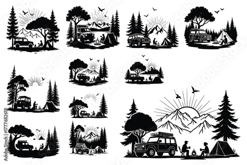 Camping scene with off road vehicle and mountains tent