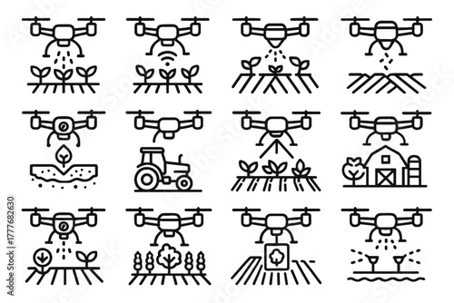 Irrigation vineyard inspecting dispenser agricultural watering icons drone over mapping vector icon