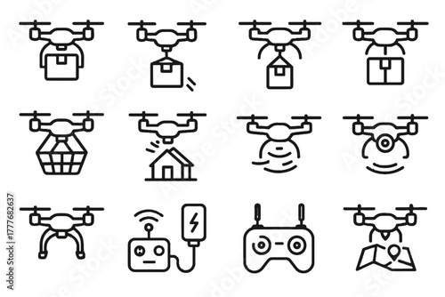 Landing collection charging remote hovering vector drone station hook icon flight