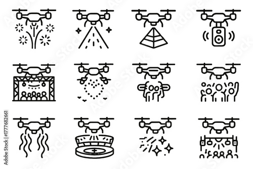 Drones set lights making stage vector drone show icon scene neon fireworks
