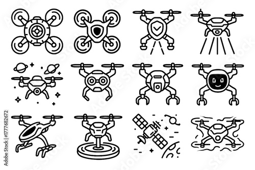 Satellite ai flying effect icons robotic futuristic station drone icon core vector