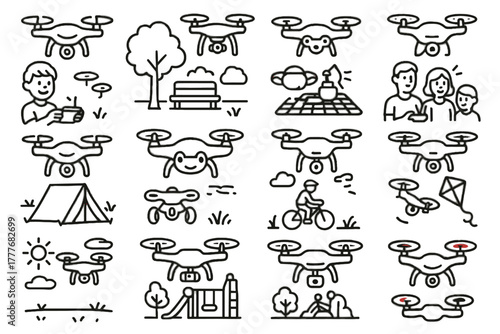Drone sky drones colorful kite vector recreational family design icon icons above