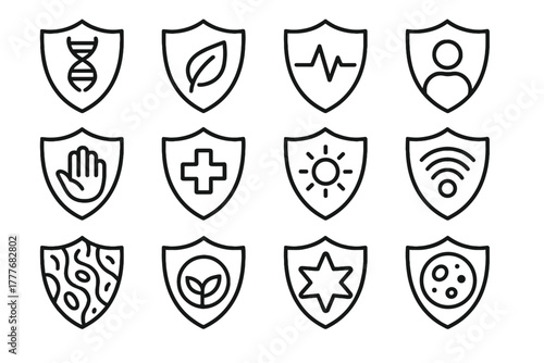 Person bio icons symbol silhouette vector line hand shield heartbeat icon strand
