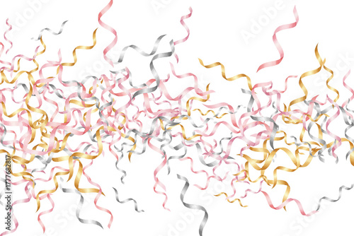 Silver pink gold and yellow golden flying confetti vector background. Party blazing striking decor. New year 2026 confetti streamers. Award or gift decor particles. Luxury golden silver pink tinsels.