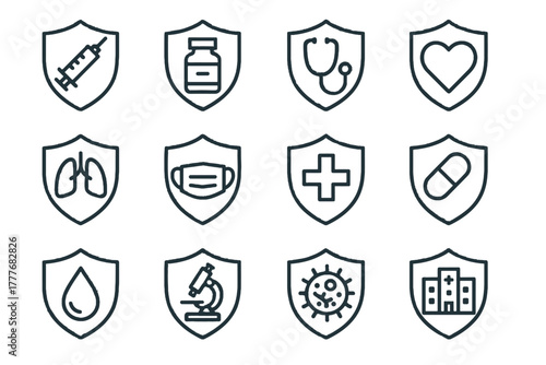 Icon lungs mask medical shield building bottle vector drop microscope bacteria icons