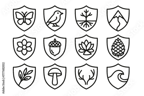 Bird nature deer antlers vector roots wave butterfly icon mountain shield
