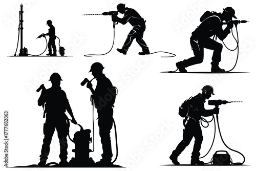 Construction workers drilling and operating machinery silhouettes