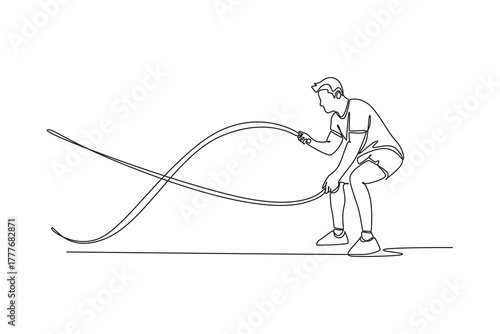 Continuous one line drawing man is intensely performing battle rope waves in low squat stance, explosive power and demanding cardio fitness workout. Single line draw design vector graphic illustration