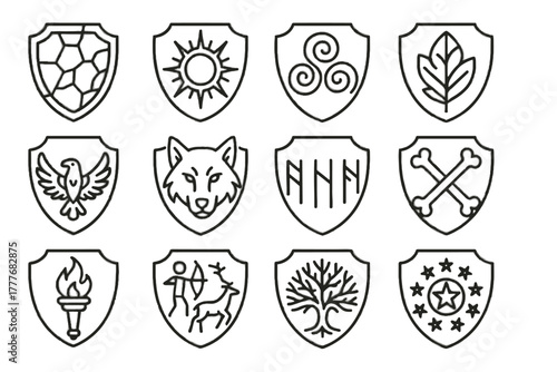 Ancient pattern shield star vector sun bio runes drawings stone spiral icon
