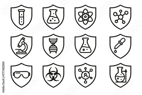 Dna atom shields sign vector icon hazard helix beaker shield tube bio
