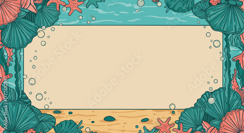 A captivating and whimsical underwater illustration frame featuring vibrant seashells, starfish, and marine flora for creative designs