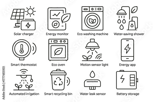 Oven battery solar icon eco shower vector smart water sensor bin recycling