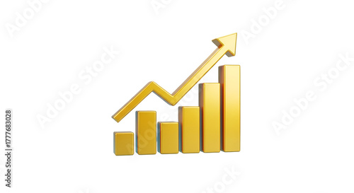 3d icon of golden bar graph with arrow indicating growth, isolated on transparent background, representing financial success